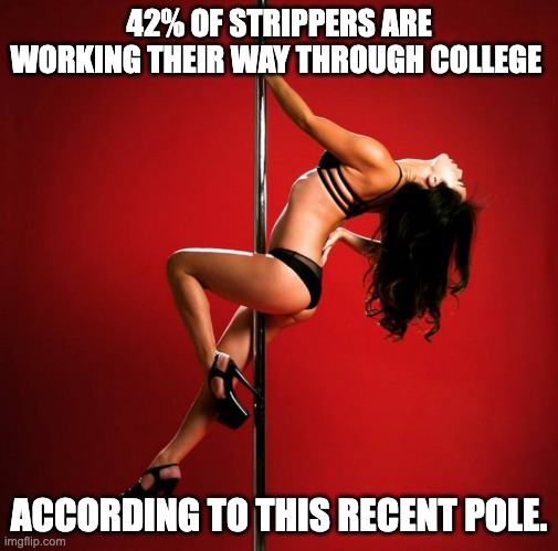 Pole | 42% OF STRIPPERS ARE WORKING THEIR WAY THROUGH COLLEGE; ACCORDING TO THIS RECENT POLE. | image tagged in stripper | made w/ Imgflip meme maker