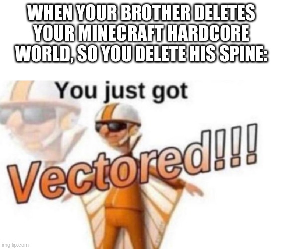 get vectored | WHEN YOUR BROTHER DELETES YOUR MINECRAFT HARDCORE WORLD, SO YOU DELETE HIS SPINE: | image tagged in get vectored | made w/ Imgflip meme maker