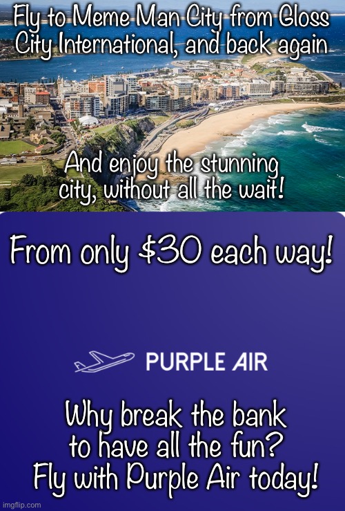 Fly to Meme Man City from Gloss City International, and back again; And enjoy the stunning city, without all the wait! From only $30 each way! Why break the bank to have all the fun? Fly with Purple Air today! | image tagged in purple air logo | made w/ Imgflip meme maker