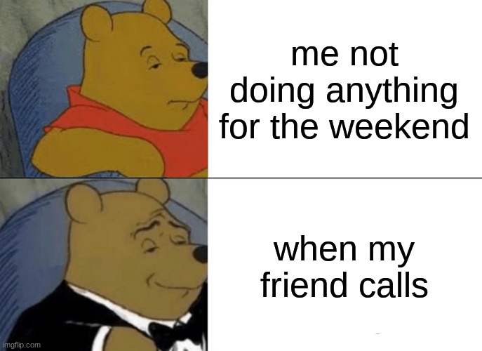Tuxedo Winnie The Pooh | me not doing anything for the weekend; when my friend calls | image tagged in memes,tuxedo winnie the pooh | made w/ Imgflip meme maker
