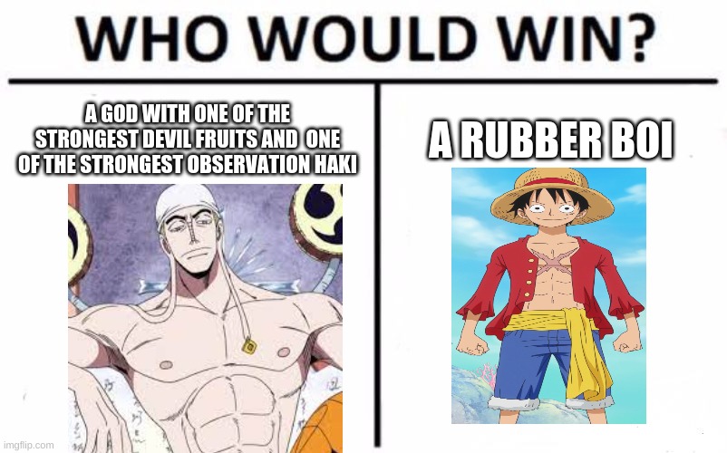 Who Would Win? Meme | A GOD WITH ONE OF THE STRONGEST DEVIL FRUITS AND  ONE OF THE STRONGEST OBSERVATION HAKI; A RUBBER BOI | image tagged in memes,who would win,anime,one piece | made w/ Imgflip meme maker
