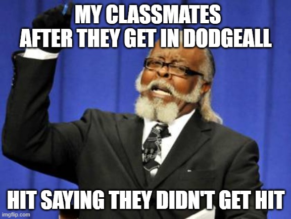 basically my classmates | MY CLASSMATES AFTER THEY GET IN DODGEALL; HIT SAYING THEY DIDN'T GET HIT | image tagged in memes,too damn high | made w/ Imgflip meme maker