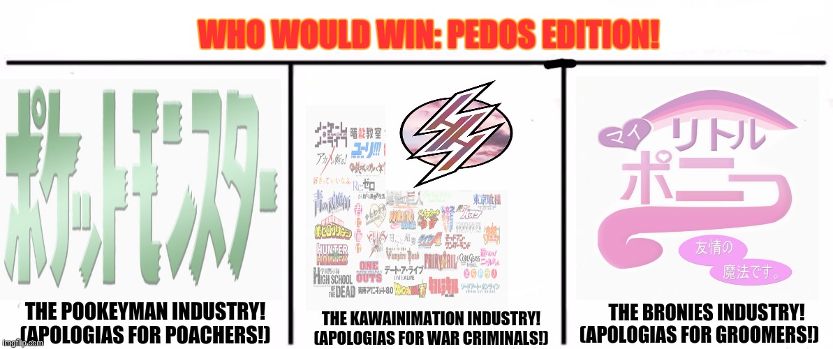 3x who would win | WHO WOULD WIN: PEDOS EDITION! THE KAWAINIMATION INDUSTRY!
(APOLOGIAS FOR WAR CRIMINALS!); THE POOKEYMAN INDUSTRY!
(APOLOGIAS FOR POACHERS!); THE BRONIES INDUSTRY!
(APOLOGIAS FOR GROOMERS!) | image tagged in memes,animation,crappy memes | made w/ Imgflip meme maker