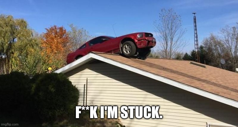 Mustang on a roof | F**K I'M STUCK. | image tagged in mustang on a roof | made w/ Imgflip meme maker