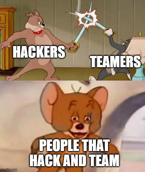 Tom and Jerry swordfight | HACKERS; TEAMERS; PEOPLE THAT HACK AND TEAM | image tagged in tom and jerry swordfight | made w/ Imgflip meme maker