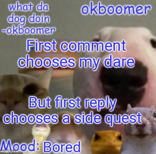 Okboomer template v4 (credit to yeetrex) | First comment chooses my dare; But first reply chooses a side quest; Bored | image tagged in okboomer template v4 credit to yeetrex | made w/ Imgflip meme maker