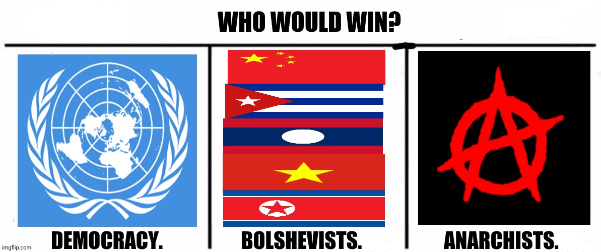 3x who would win | WHO WOULD WIN? DEMOCRACY.                    BOLSHEVISTS.                     ANARCHISTS. | image tagged in memes,democracy,communism | made w/ Imgflip meme maker