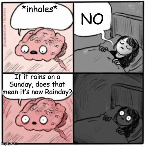 Brain Before Sleep Shower thought | NO; *inhales*; If it rains on a Sunday, does that mean it’s now Rainday? | image tagged in brain before sleep,shower thoughts,question,funny memes,funny,memes | made w/ Imgflip meme maker