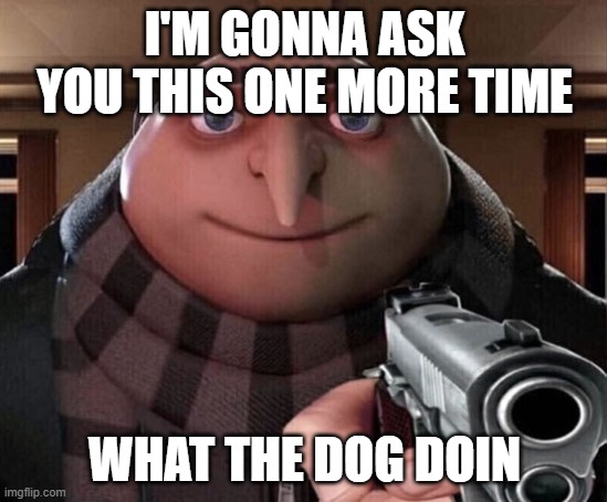 Gru Gun | I'M GONNA ASK YOU THIS ONE MORE TIME; WHAT THE DOG DOIN | image tagged in gru gun | made w/ Imgflip meme maker