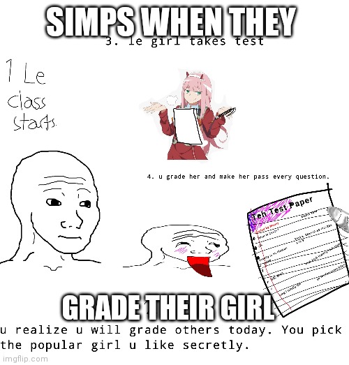Men want one thing...to have their crush pass so that they can win them over! | SIMPS WHEN THEY; GRADE THEIR GIRL | image tagged in wojak,simp,school | made w/ Imgflip meme maker