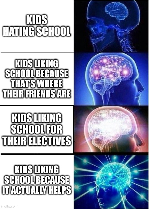 school Expanding Brain | KIDS HATING SCHOOL; KIDS LIKING SCHOOL BECAUSE THAT'S WHERE THEIR FRIENDS ARE; KIDS LIKING SCHOOL FOR THEIR ELECTIVES; KIDS LIKING SCHOOL BECAUSE IT ACTUALLY HELPS | image tagged in memes,expanding brain | made w/ Imgflip meme maker