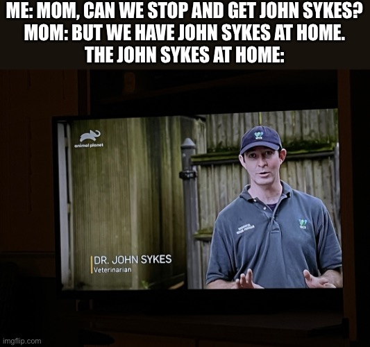 ME: MOM, CAN WE STOP AND GET JOHN SYKES?
MOM: BUT WE HAVE JOHN SYKES AT HOME.
THE JOHN SYKES AT HOME: | image tagged in music | made w/ Imgflip meme maker