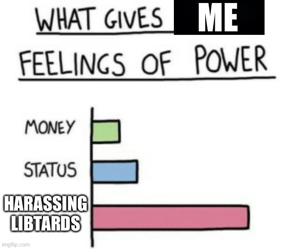 I hope my account doesn’t get deleted for the amount of libtards I’ve harassed | ME; HARASSING LIBTARDS | image tagged in what gives people feelings of power,oh wow are you actually reading these tags,libtards,political meme | made w/ Imgflip meme maker