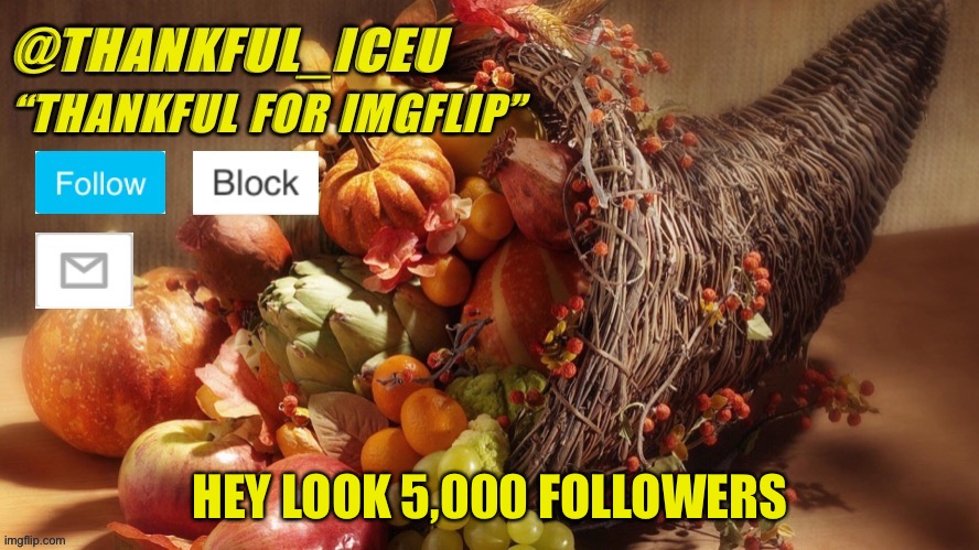 Cool | HEY LOOK 5,000 FOLLOWERS | image tagged in dr_iceu thanksgiving template | made w/ Imgflip meme maker