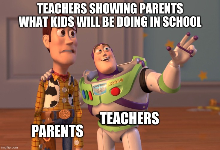 X, X Everywhere Meme | TEACHERS SHOWING PARENTS WHAT KIDS WILL BE DOING IN SCHOOL; PARENTS; TEACHERS | image tagged in memes,x x everywhere | made w/ Imgflip meme maker