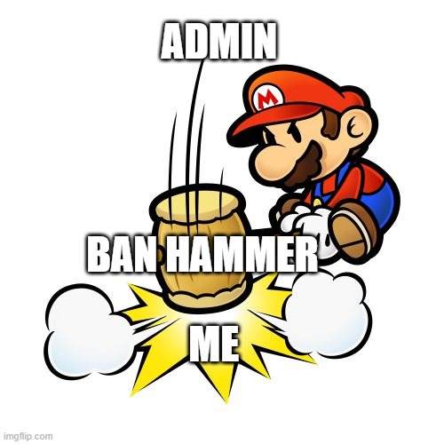 Admin and the banhammer | ADMIN; BAN HAMMER; ME | image tagged in memes,mario hammer smash,funny | made w/ Imgflip meme maker