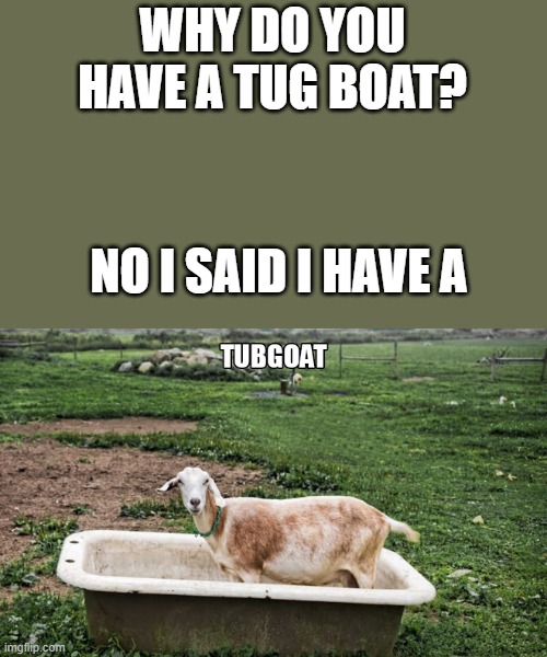 tub goat | WHY DO YOU HAVE A TUG BOAT? NO I SAID I HAVE A | made w/ Imgflip meme maker