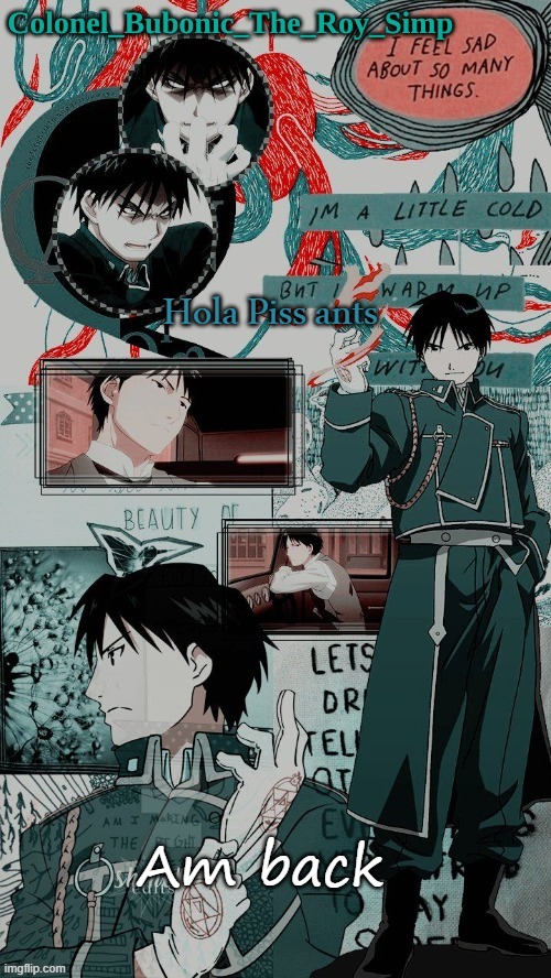 Yes another Roy Mustang temp don't worry about it | Hola Piss ants; Am back | image tagged in yes another roy mustang temp don't worry about it | made w/ Imgflip meme maker