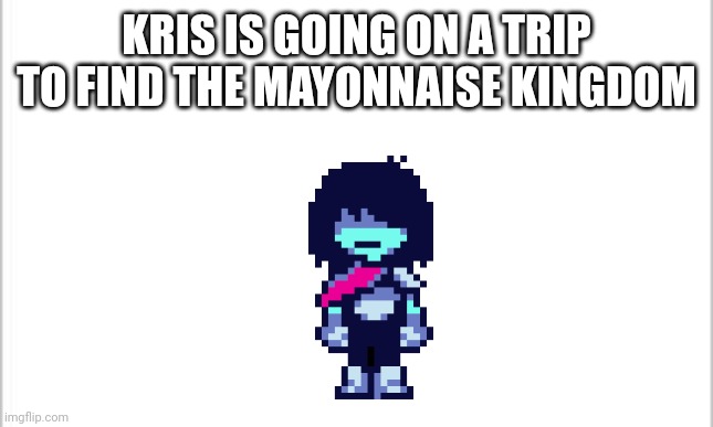 white background | KRIS IS GOING ON A TRIP TO FIND THE MAYONNAISE KINGDOM | image tagged in white background | made w/ Imgflip meme maker