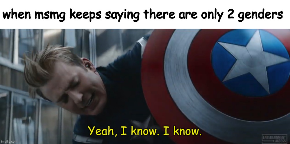not that im LGBTQ | when msmg keeps saying there are only 2 genders | image tagged in captain america yeah i know i know,memes,imgflip | made w/ Imgflip meme maker