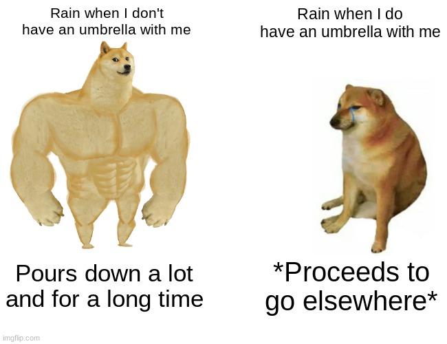 why does this happen to me | Rain when I don't have an umbrella with me; Rain when I do have an umbrella with me; Pours down a lot and for a long time; *Proceeds to go elsewhere* | image tagged in memes,buff doge vs cheems,rain,umbrella | made w/ Imgflip meme maker