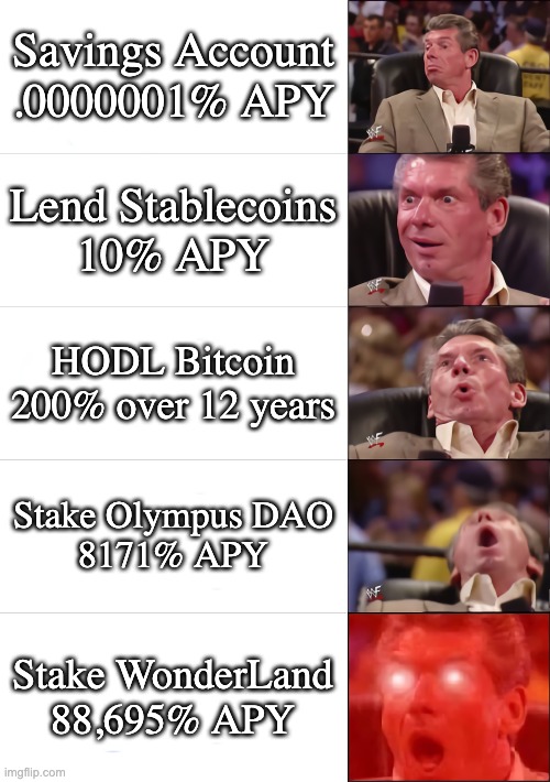 Crypto APY's | Savings Account
.0000001% APY; Lend Stablecoins
10% APY; HODL Bitcoin
200% over 12 years; Stake Olympus DAO
8171% APY; Stake WonderLand
88,695% APY | image tagged in vince mcmahon 5 tier | made w/ Imgflip meme maker