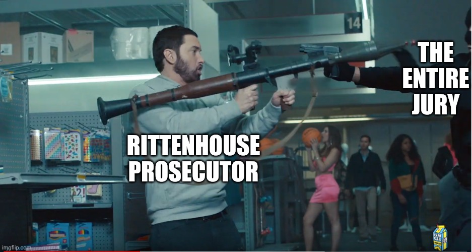 NRA's Rules for Gun Safety apply, even in a courtroom | THE ENTIRE JURY; RITTENHOUSE PROSECUTOR | image tagged in eminem pointing at robber,nra,there are 4 rules,gun safety,libtards,make america great again | made w/ Imgflip meme maker