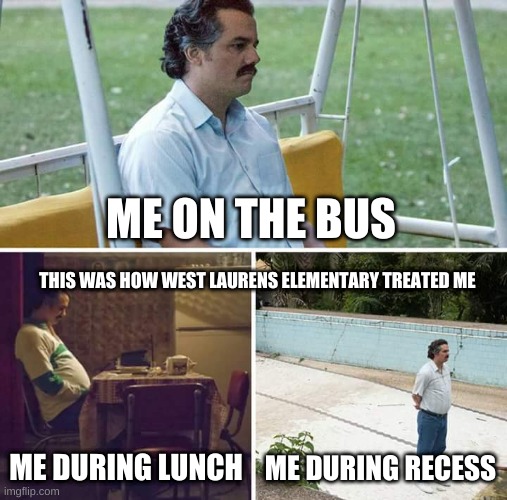 alone forever | ME ON THE BUS; THIS WAS HOW WEST LAURENS ELEMENTARY TREATED ME; ME DURING LUNCH; ME DURING RECESS | image tagged in memes,sad pablo escobar | made w/ Imgflip meme maker