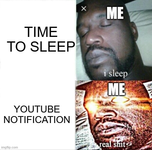 me and my phone in bedtime | TIME TO SLEEP; ME; ME; YOUTUBE NOTIFICATION | image tagged in memes,sleeping shaq | made w/ Imgflip meme maker