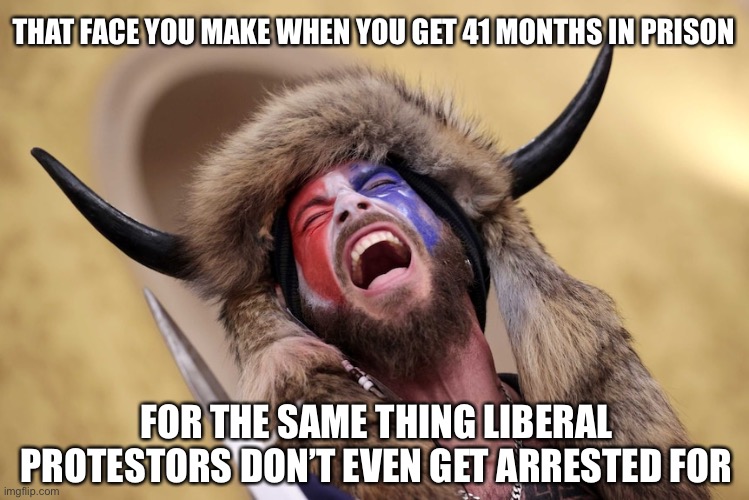 This is Absolutely Terrible | THAT FACE YOU MAKE WHEN YOU GET 41 MONTHS IN PRISON; FOR THE SAME THING LIBERAL PROTESTORS DON’T EVEN GET ARRESTED FOR | image tagged in horned guy protestor scream,new normal,true story,facts,injustice,liberal logic | made w/ Imgflip meme maker