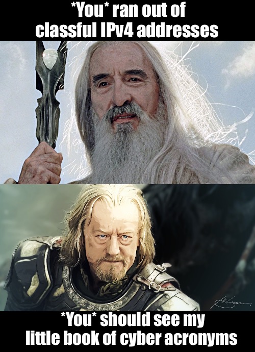 Saruman, actually, wasn't killed on that day | *You* ran out of classful IPv4 addresses; *You* should see my little book of cyber acronyms | image tagged in lotr,theoden,saruman,computers/electronics | made w/ Imgflip meme maker