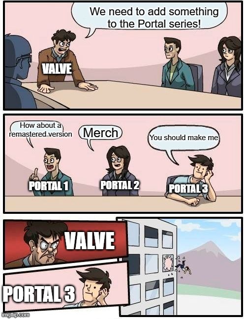 Portal 3 | We need to add something to the Portal series! VALVE; How about a remastered version; Merch; You should make me; PORTAL 1; PORTAL 2; PORTAL 3; VALVE; PORTAL 3 | image tagged in memes,boardroom meeting suggestion | made w/ Imgflip meme maker