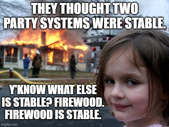 Disaster Girl | THEY THOUGHT TWO PARTY SYSTEMS WERE STABLE. Y'KNOW WHAT ELSE IS STABLE? FIREWOOD. FIREWOOD IS STABLE. | image tagged in memes,disaster girl,politics | made w/ Imgflip meme maker