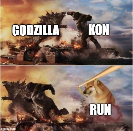 Kong Godzilla Doge | KON; GODZILLA; RUN | image tagged in kong godzilla doge | made w/ Imgflip meme maker