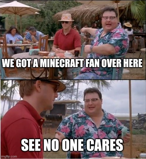 see no one cares | WE GOT A MINECRAFT FAN OVER HERE; SEE NO ONE CARES | image tagged in memes,see nobody cares | made w/ Imgflip meme maker