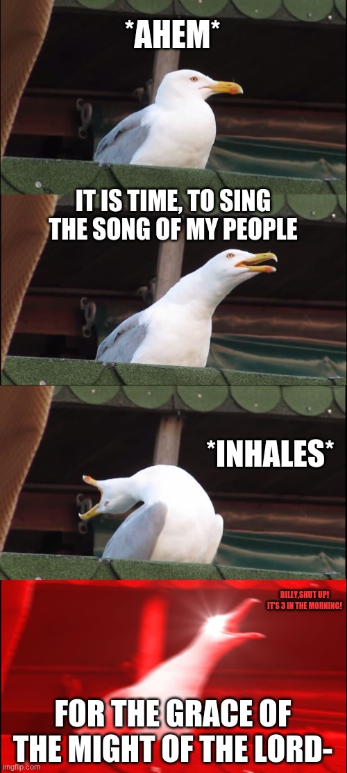 Inhaling Seagull Meme | *AHEM*; IT IS TIME, TO SING THE SONG OF MY PEOPLE; *INHALES*; BILLY,SHUT UP! IT'S 3 IN THE MORNING! FOR THE GRACE OF THE MIGHT OF THE LORD- | image tagged in memes,inhaling seagull | made w/ Imgflip meme maker