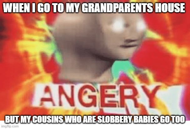 Meme man angery |  WHEN I GO TO MY GRANDPARENTS HOUSE; BUT MY COUSINS WHO ARE SLOBBERY BABIES GO TOO | image tagged in meme man angery | made w/ Imgflip meme maker