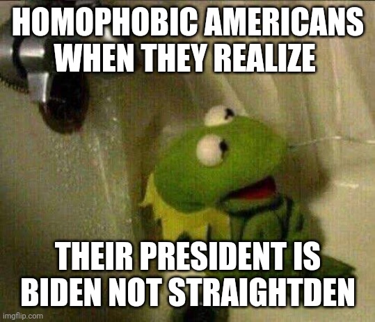 When it's not straightden |  HOMOPHOBIC AMERICANS WHEN THEY REALIZE; THEIR PRESIDENT IS BIDEN NOT STRAIGHTDEN | image tagged in kermit crying terrified in shower,bisexual,homophobe,america,it's a joke guys i'm not even american | made w/ Imgflip meme maker