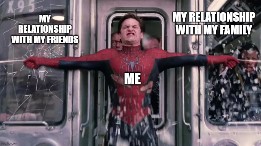 ADHD | MY RELATIONSHIP WITH MY FRIENDS; MY RELATIONSHIP WITH MY FAMILY; ME | image tagged in spiderman holding train | made w/ Imgflip meme maker