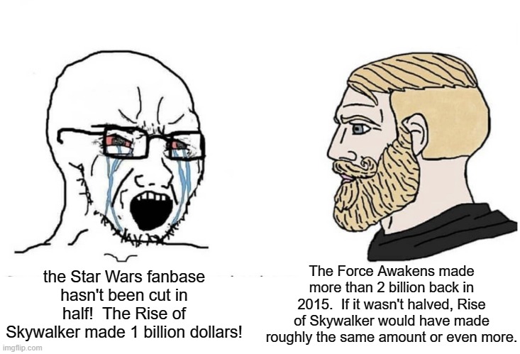 These sequel fans are in denial that the fanbase was snapped by Thanos. | the Star Wars fanbase hasn't been cut in half!  The Rise of Skywalker made 1 billion dollars! The Force Awakens made more than 2 billion back in 2015.  If it wasn't halved, Rise of Skywalker would have made roughly the same amount or even more. | image tagged in soyboy vs yes chad,star wars,memes | made w/ Imgflip meme maker