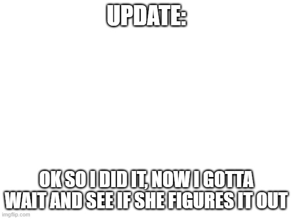see my last image for context | UPDATE:; OK SO I DID IT, NOW I GOTTA WAIT AND SEE IF SHE FIGURES IT OUT | image tagged in blank white template | made w/ Imgflip meme maker