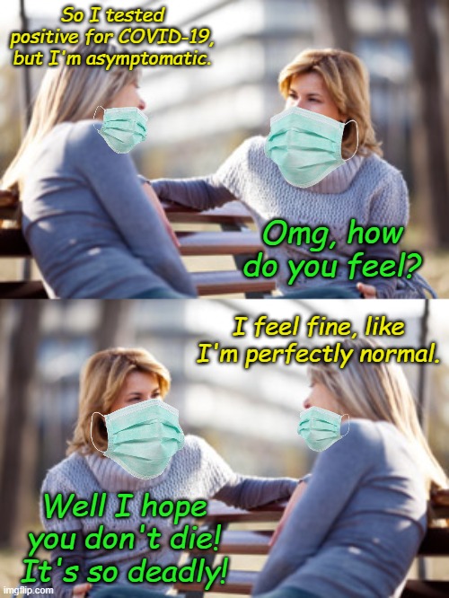 The most deadly pandemic in history is asymptomatic, you better shake in fear! | So I tested positive for COVID-19, but I'm asymptomatic. Omg, how do you feel? I feel fine, like I'm perfectly normal. Well I hope you don't die! It's so deadly! | image tagged in two women talking on a bench | made w/ Imgflip meme maker