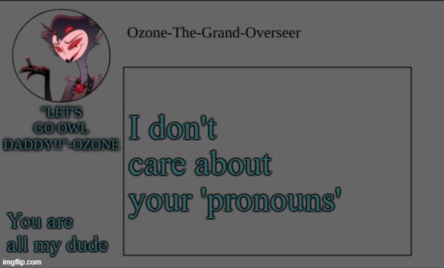 Ozone's OWL DADDY temp | I don't care about your 'pronouns'; You are all my dude | image tagged in ozone's owl daddy temp | made w/ Imgflip meme maker