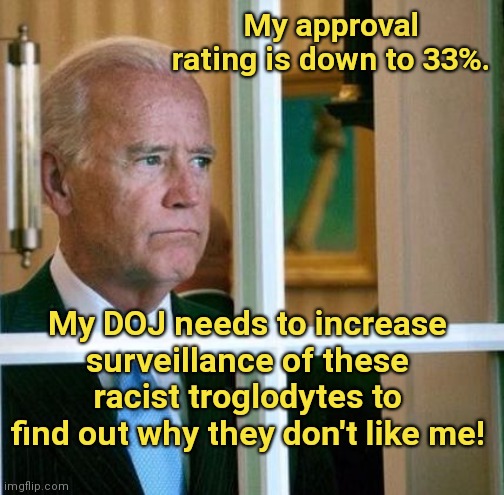 Biden doesn't understand his plummeting approval rating | My approval rating is down to 33%. My DOJ needs to increase surveillance of these racist troglodytes to find out why they don't like me! | image tagged in sad joe biden,joe biden worries,bidens fantasy world,approval rating,snob,lets go brandon | made w/ Imgflip meme maker