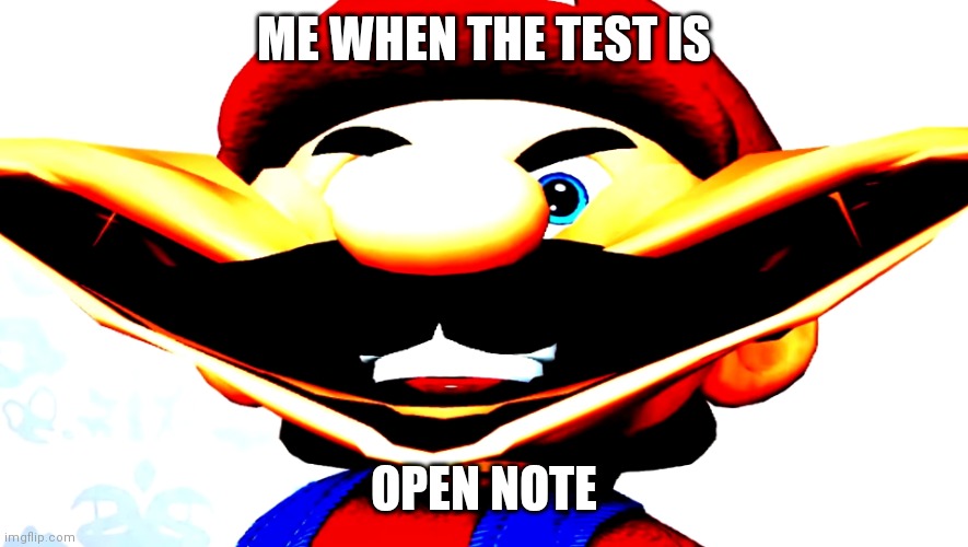 Relatable? | ME WHEN THE TEST IS; OPEN NOTE | image tagged in smile for the camera mario | made w/ Imgflip meme maker