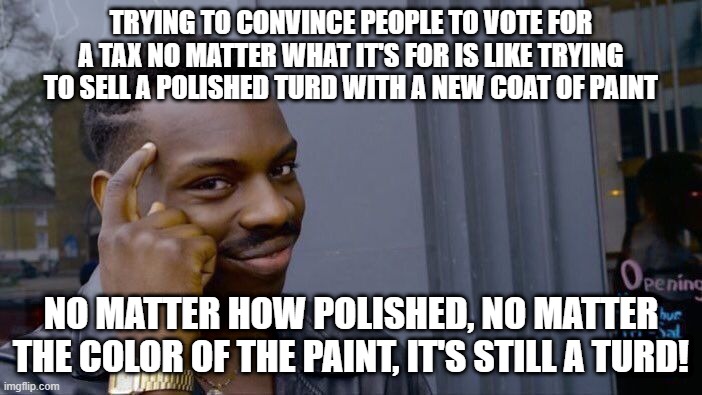 Roll Safe Think About It | TRYING TO CONVINCE PEOPLE TO VOTE FOR A TAX NO MATTER WHAT IT'S FOR IS LIKE TRYING TO SELL A POLISHED TURD WITH A NEW COAT OF PAINT; NO MATTER HOW POLISHED, NO MATTER THE COLOR OF THE PAINT, IT'S STILL A TURD! | image tagged in memes,roll safe think about it | made w/ Imgflip meme maker