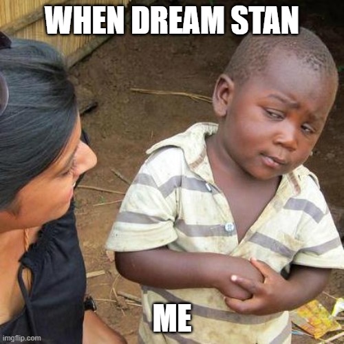 Third World Skeptical Kid | WHEN DREAM STAN; ME | image tagged in memes,third world skeptical kid | made w/ Imgflip meme maker