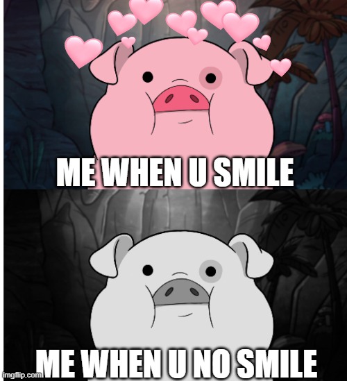 me when no smile :c | ME WHEN U SMILE; ME WHEN U NO SMILE | image tagged in gravity falls,pig,wholesome | made w/ Imgflip meme maker