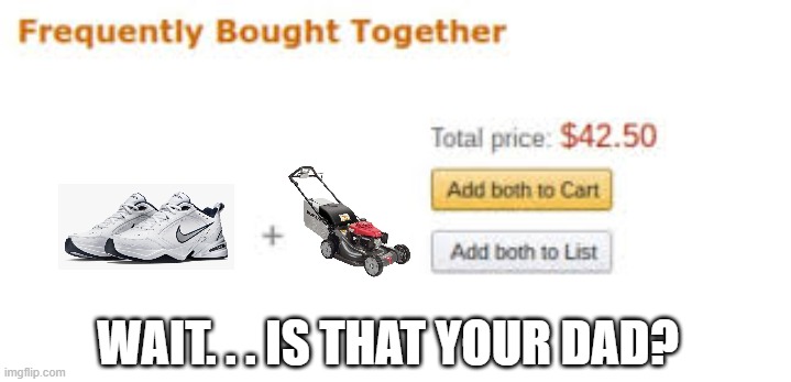 That's One Cheap pair of Monarch 5's(Never mind the Lawn mower) | WAIT. . . IS THAT YOUR DAD? | image tagged in frequently bought together,dads | made w/ Imgflip meme maker