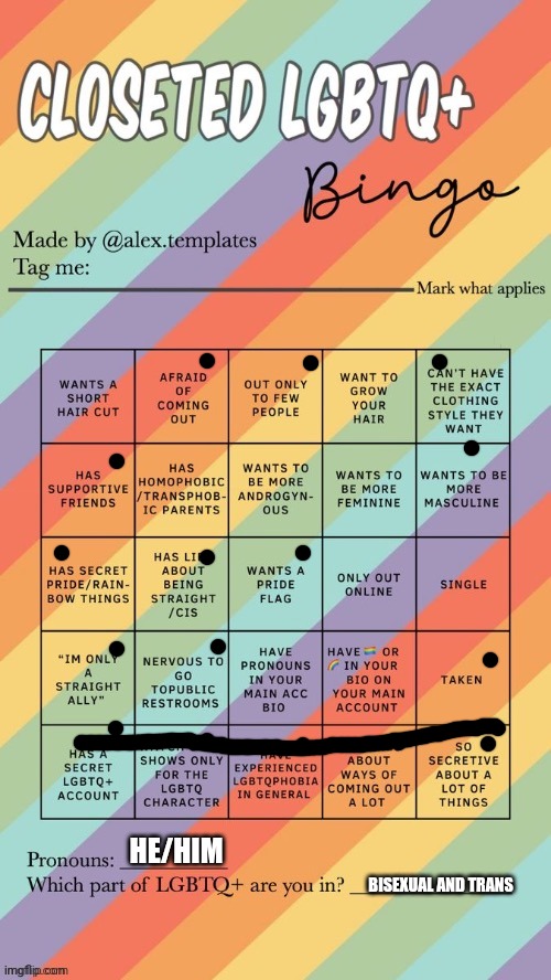 Closeted LGBTQ+ Bingo | HE/HIM; BISEXUAL AND TRANS | image tagged in closeted lgbtq bingo | made w/ Imgflip meme maker